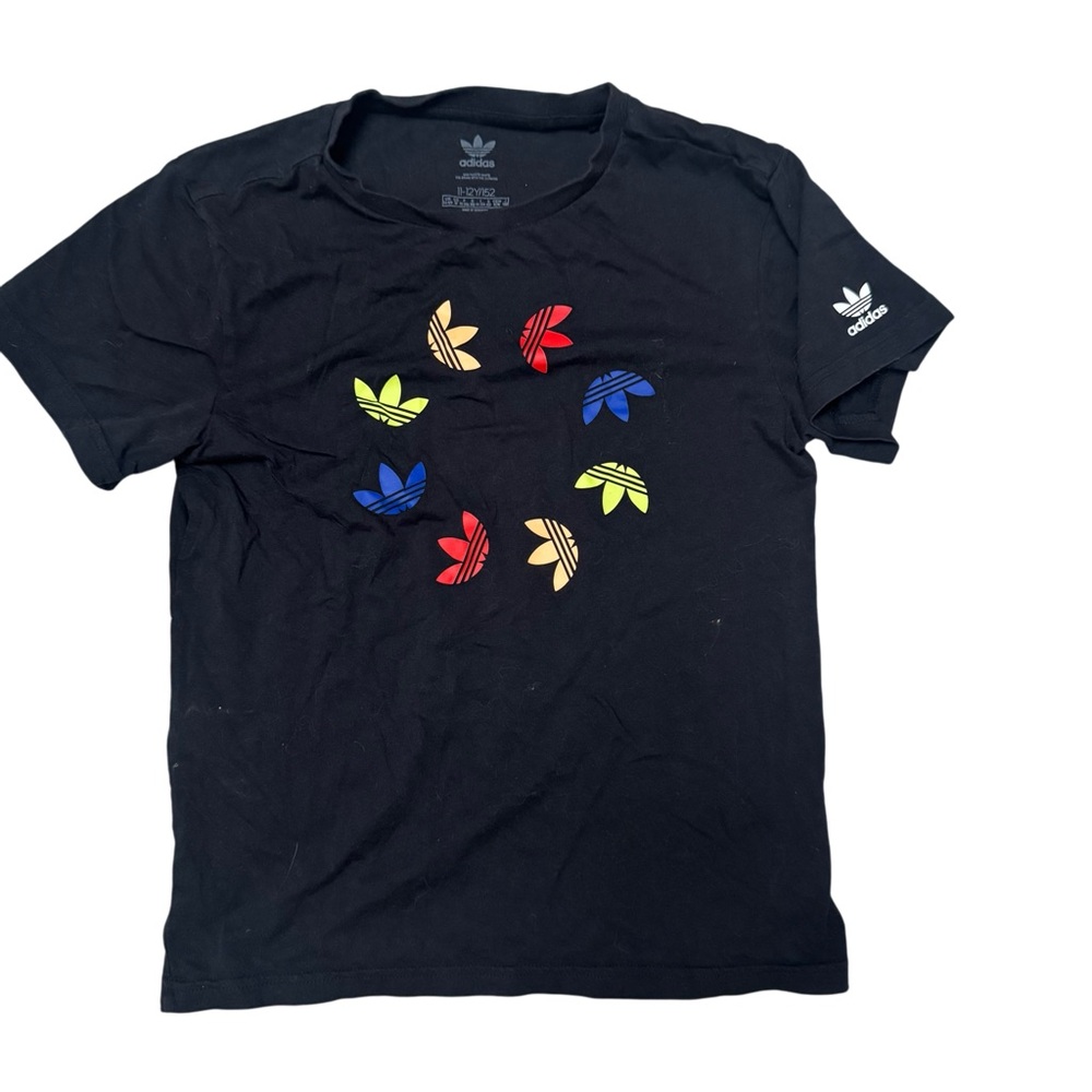 Adidas Black Tee with Colorful Trefoil Design